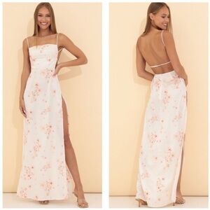 Lucy in the Sky Large Floral Crepe Satin Slip Maxi Dress in White Front‎ Slit